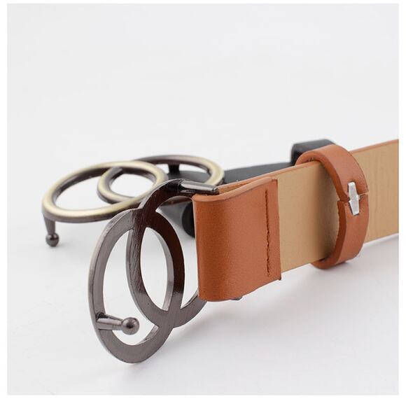 2/$30 Belt Classic Faux Leather Camel Tan Interlocking Circular Metal Buckle - Picture 4 of 10